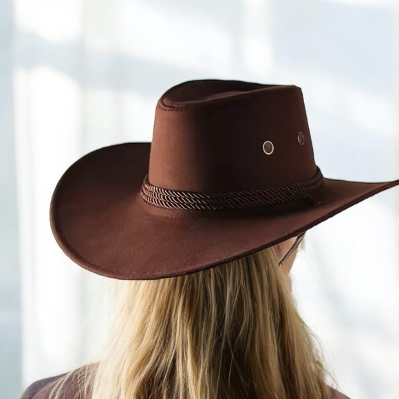 Brown Suede Wide Brim Western Cowboy Hat with Chin Strap NEW - Picture 1 of 4